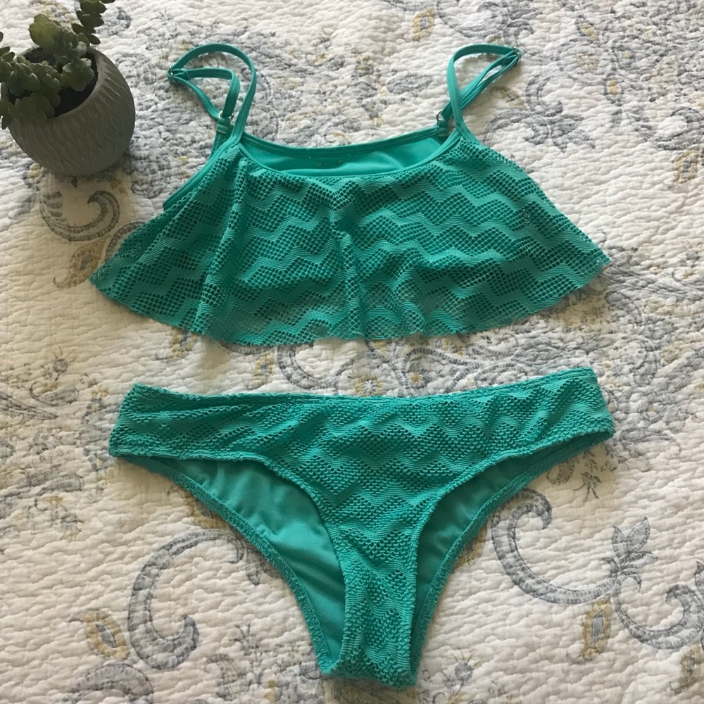 Roxy teal two piece crocheted bathing suit M